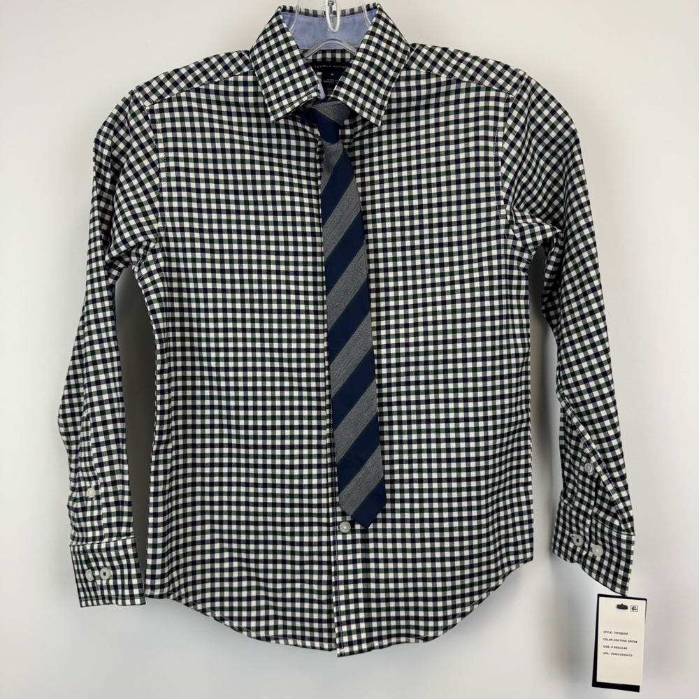 Tommy Hilfiger Boys Pine Grove Gingham Button Down Shirt and Tie Set Size 8